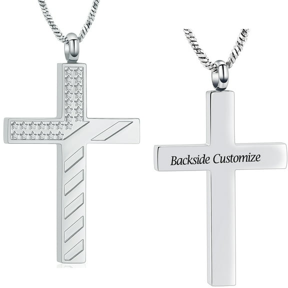 Personalize Cross Necklace for Cremation Ashes Urn Necklace for Ashes of Loved One Memorial Jewelry Cross with Print American Flag Pendent for Ashes and Chain