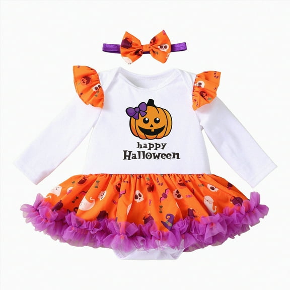 HCNTES My 1st Halloween Baby Girl Outfits Letter Pumpkin Print Romper Suspender Skirts Headband Socks(Style3,3-6 Months)