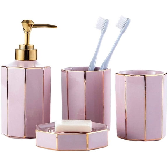 WPM 4 Piece Ceramic Bathroom Accessories Set - Blush Rose Pink Gold Soap Dispenser Cup Tumbler Soap Dish (DESIGN2)
