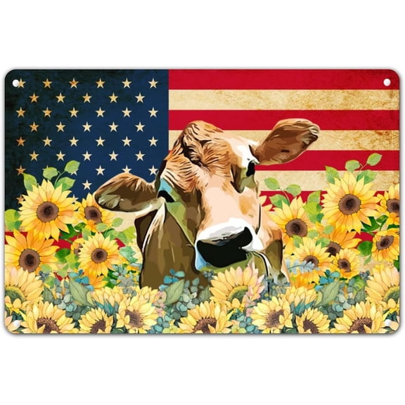 Independence Day Tin Sign Retro Metal Wall Plaque With Cow Sunflower And Flag Design 8x12 Inch For Home School Cafe Or Travel Trailer Decor