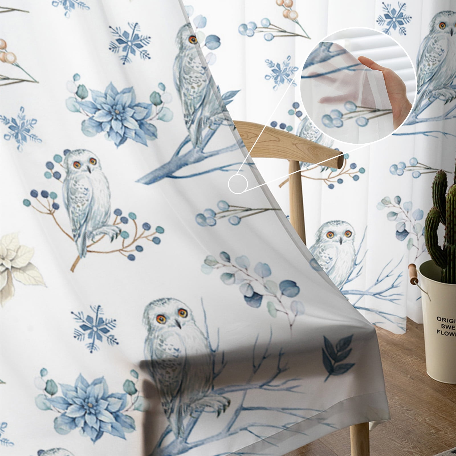 Sheer Curtains 63 inches Long, Winter Snowflake Animal Owls Eucalyptus Leaves Light Filtering Sheer Window Curtains Rod Pocket Voile Drapes for Bedroom Living Room, 52"W x 63"L 2 Panels