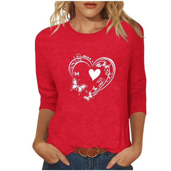 mihongmao Valentine T Shirt for Women Round Neck Women's Valentine's Day Printed 3/4 Sleeve Fashionable Round Neck Red 4X