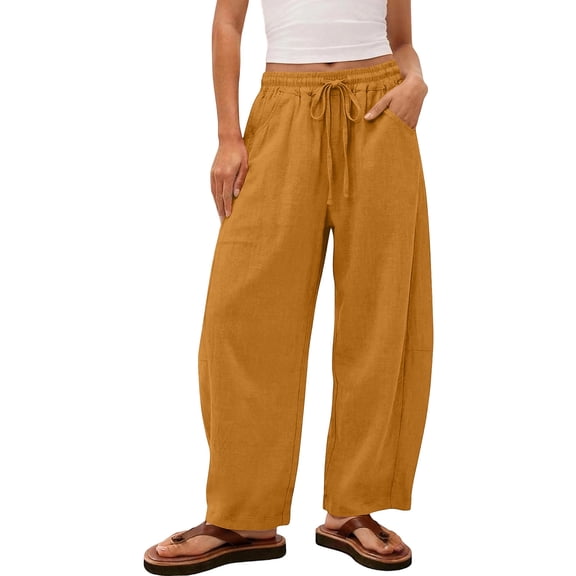 Vrorvz Cotton Linen Pants for Womens Drawstring Elastic Waisted Pants Casual Loose Wide Leg Trousers with Pockets