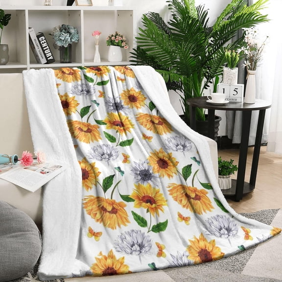 White Butterfly Sunflower Pattern Blanket,Comfortable Soft Flannel Throw Blanket,All Season,Warm Lightweight Blankets for Sofa Bed Couch Living Room Chair,50"x60"
