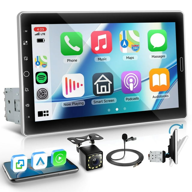 Single Din Car Radio with Wireless Carplay Android Auto, Hodozzy 10.1 Inch Touch Screen Rotation Single Din Car Stereo with Bluetooth, FM/AM/RDS Radio