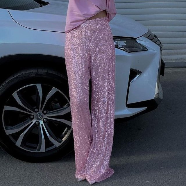 Pantalones rectos casuales de moda con lentejuelas de color sólido para mujer de Europa y América