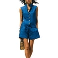 thumbnail image 3 of Women's 2 Piece Outfit Sleeveless Button Down Vest Top and High Waist Shorts Set, Textured Wrinkle Fabric Casual Matching Set, Loose Fit Summer Lounge Wear Blue S, 3 of 6
