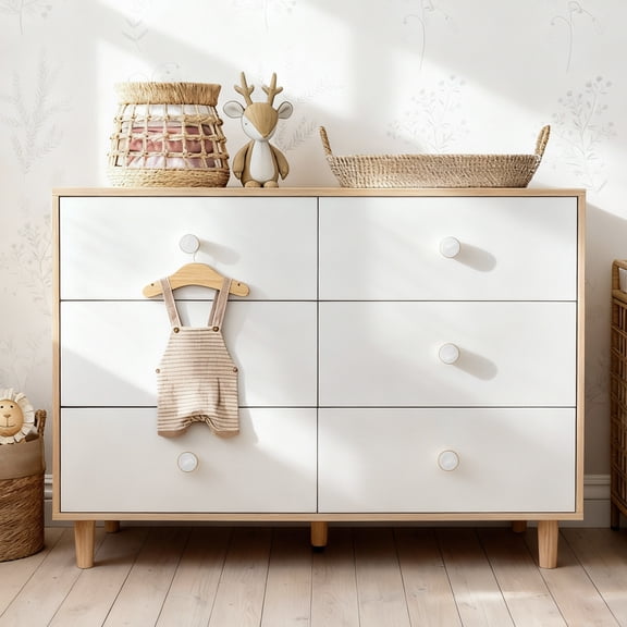 White 6 Drawer Dresser for Bedroom, Modern Wood Chest of Drawers with Solid Wood Legs, Elegant Clothes Storage Cabinet for Bedroom or Living Room, White