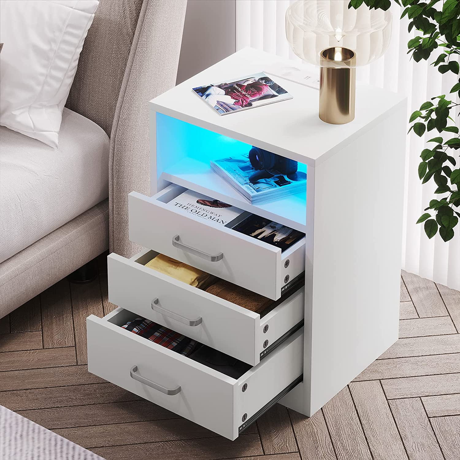 White Bedside Table Nightstand with Wireless Charging Station LED Night