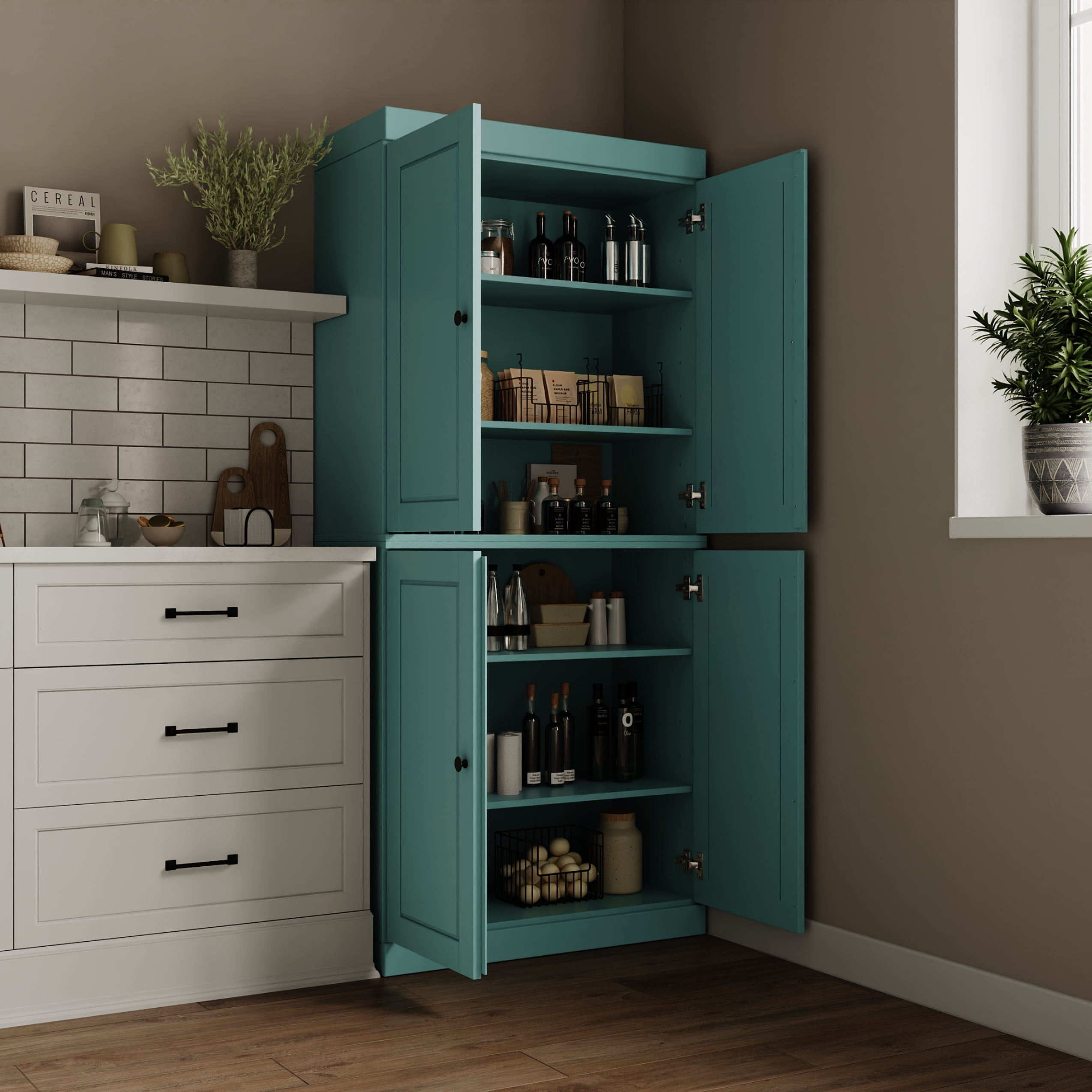 Palace Imports 100% Solid Wood Kitchen Pantry Storage Cabinet with Solid Doors and Adjustable Shelves, Aqua Blue