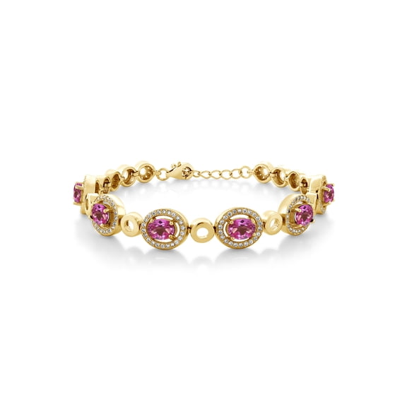 Gem Stone King 18K Yellow Gold Plated Silver Pink Mystic Topaz Tennis Bracelet for Women (6.72 Cttw, Oval 7X5MM, 7 inch with 1 inch Extender)