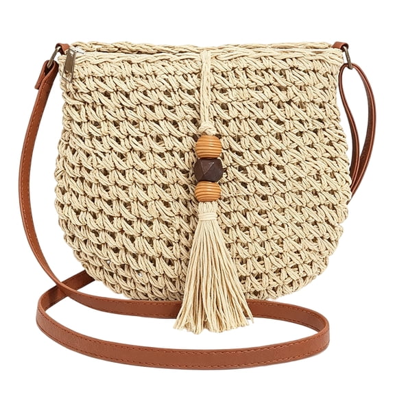 Handwoven Straw Bag for Women Vacation, Boho Beach Purse for Summer Wicker Crossbody Purse with Tassels