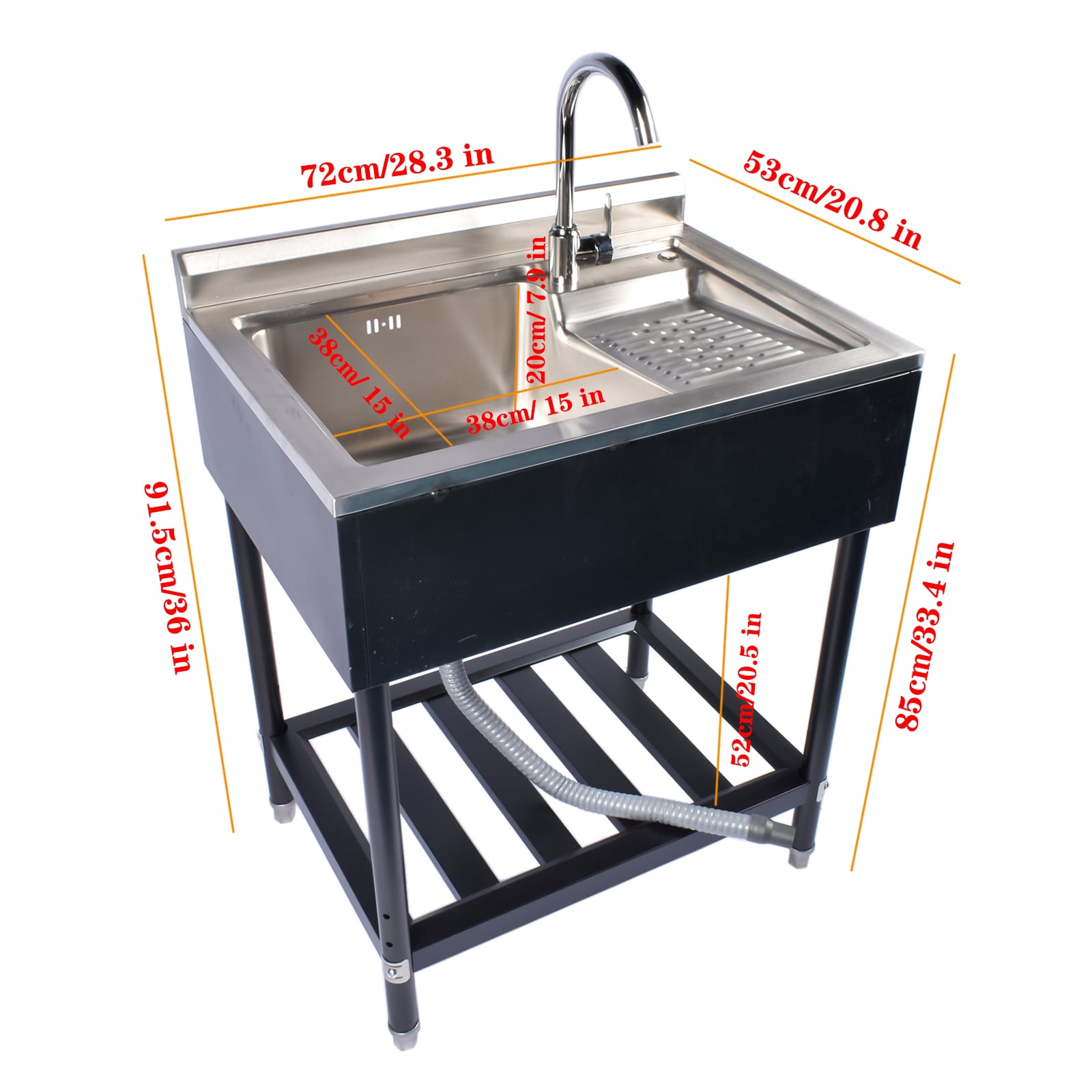 23.8'' Stainless Steel Sink Laundry Tub, Free Standing Laundry Sink with Washboard, Commercial Utility Tub with Cold & Hot Water Faucet for Garage Laundry Room Kitchen