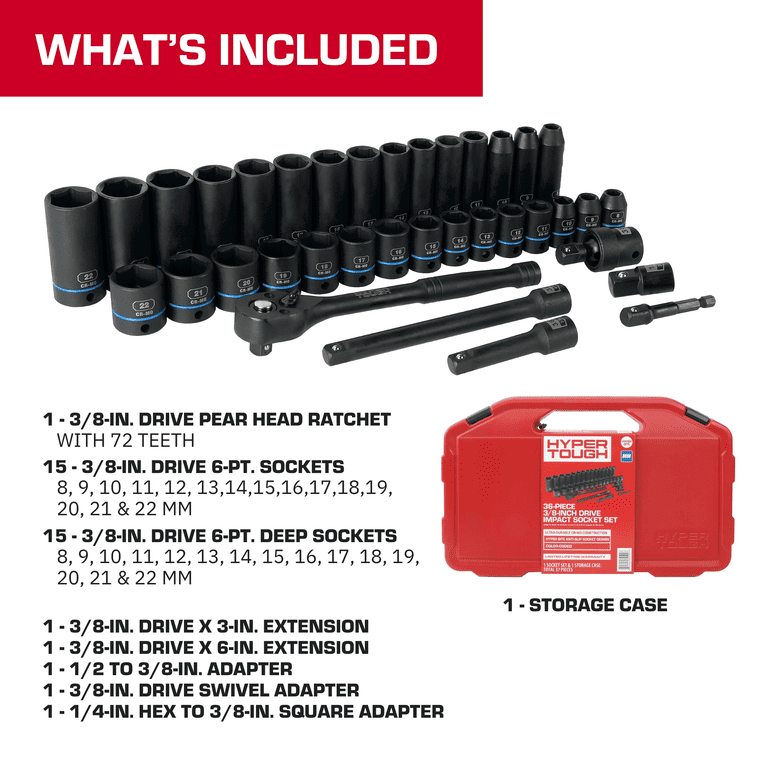 Hyper Tough 36-Piece 3/8 in Drive Metric CRMO Impact Socket Set