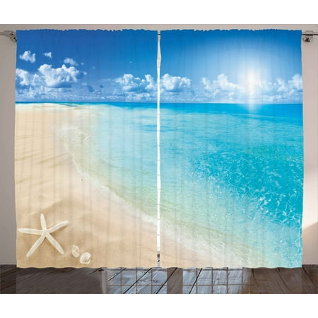 Seashells Window Windows - Beach Curtains 2 Panels Set, Sunny Summer Seashore with Clear Sky Seashells Starfish Clouds Aquatic Picture, Window Drapes for Living Room Bedroom, 108W X 84L Inches, Aqua Cream Blue, by Ambesonne