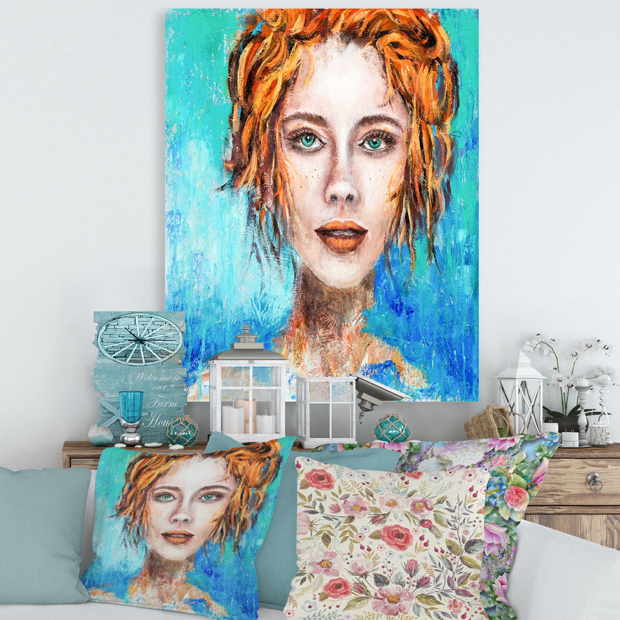 Designart ' A Woman Face With Red Hair And Green Eyes ' Modern Canvas Wall Art Print