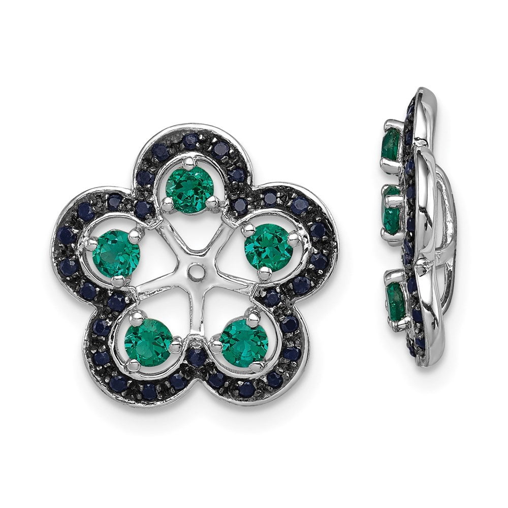 925 Sterling Silver Rhodium Created Emerald and Black Sapphire Earring Jacket 