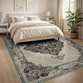 thumbnail image 3 of ODIKA 8'x10' Washable Area Rug Farmhouse Distressed Grey Vintage Scroll Border Stripe Greyrugs Flowing for Dining Room, Large Office, Lounge, Non-Slip Chair-Friendly Mat, 3 of 7