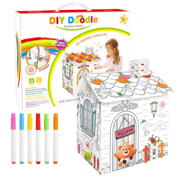 RKSTN Painting Puzzle DIY Playhouse Easily Foldable for Storage Coloring House fortress Family Activities Coloring Your Own Crafts 6ML