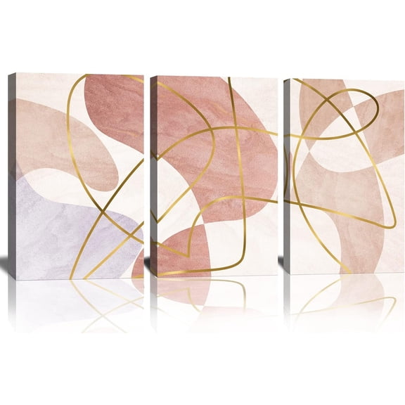 Pink Abstract Wall Decor Pink and Gold Canvas Art for Girls Pink Wall Art Bedroom Decor Bathroom Office Living Room Home Decorations 12"x16"x3 Panels Canvas Prints Pictures