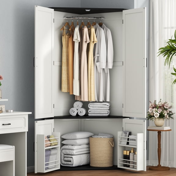 White Farmhouse Corner Armoire Wardrobe Closet with Doors, 71'' Tall 90° Triangular Wooden Storage Cabinet with Hanging Rod, Space Saving Freestanding Corner Clothes Organizer for Bedroom