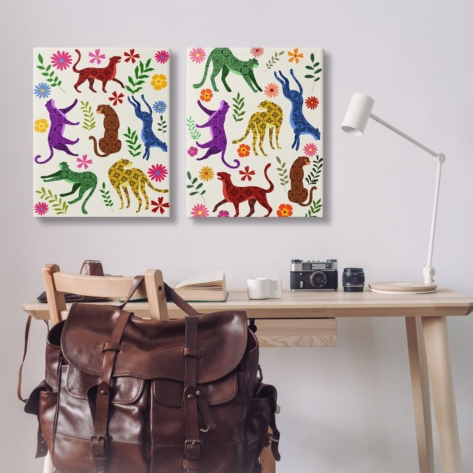 Stupell Industries Patterned Floral Jungle Cats Animals Painting Wrapped Canvas Art Print Wall Art, 24 x 30, Set of 2