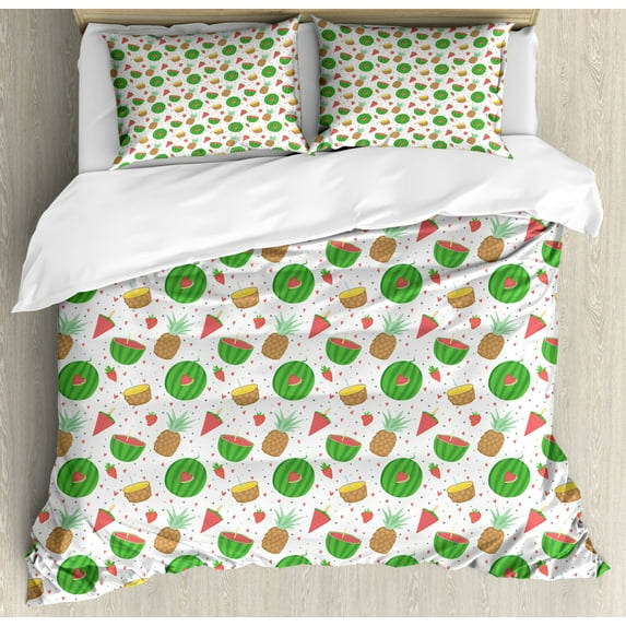 Tropical Duvet Cover Set Queen Size, Fresh Exotic Fruits Mini Hearts and Polka Dots, Decorative 3 Piece Bedding Set with 2 Pillow Shams, White Multicolor, by Ambesonne