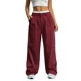 thumbnail image 2 of Womens Baggy Wide Leg Pants Casual Stripe Elastic Waisted Palazzo Harem Pants with Pockets Wine Red L, 2 of 7