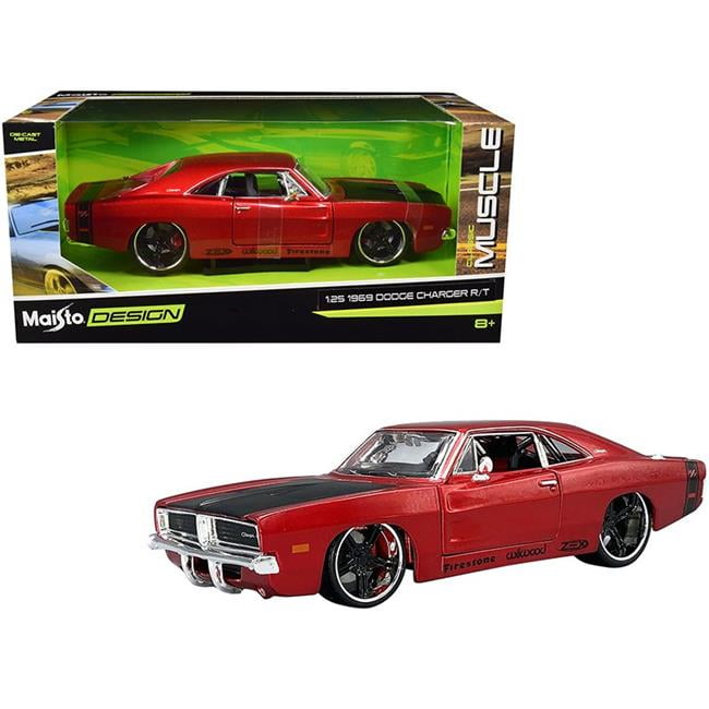 Maisto 1969 Dodge Charger R T Red Metallic With Black Hood Black Stripes Classic Muscle 1 25 Diecast Model Car Multicolor