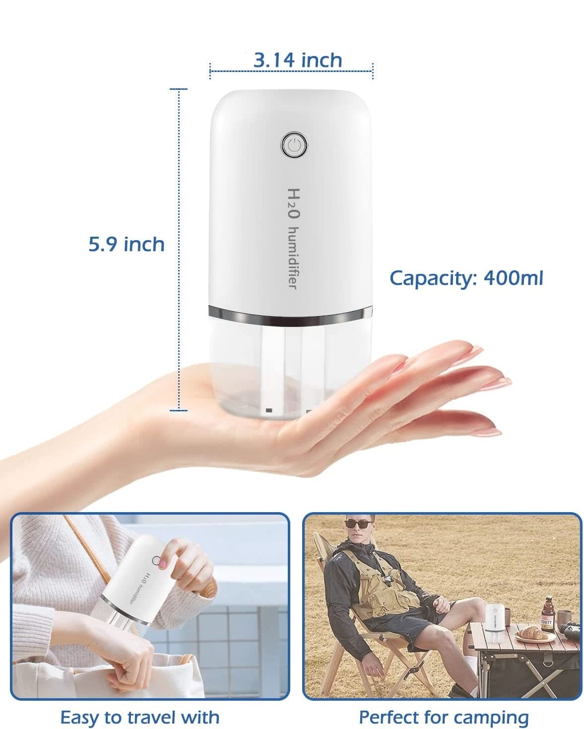 Small Humidifier 400ml Cool Mist Humidifiers for Bedroom 2 Mist Modes Desk USB Humidifier Mini Humidifier with Night Light Quiet for Home & Travel (White)