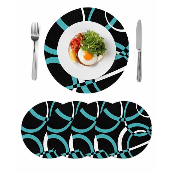 Turquoise Geometric Round Placemats Set of 4 for Dinning Tables,Heat-proof Braided Table Mats 15 Inch,Modern Abstract Aesthetic Striped Art Washable Place Mat for Kitchen Restaurant Party Table Decor