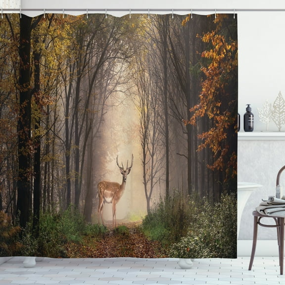 Wildlife Shower Curtain, Stag Deer Discovers a Dreamy Misty Hazy Forest Autumn Tree Foggy Mystical Pathway, Fabric Bathroom Set with Hooks, 69W X 84L Inches Extra Long, Multicolor, by Ambesonne