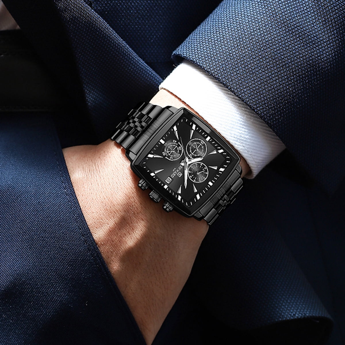 Square Watches for Men Black Stainless Steel Chronograph Fashion Business Watch Luminous Waterproof Casual Wrist Watches