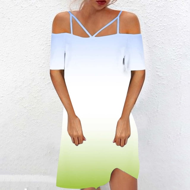 TIMIFIS Women's Summer Mini Dress Casual Tshirt Dresses Adjustable Spaghetti Strap Cold Shoulder Gradient Color Dress - Spring/Summer
