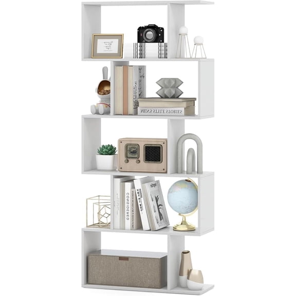 5-Tier Geometric Bookcase, 62.5” Freestanding Room Divider Bookshelf with Open Display Shelves & Anti-tip Device, Wood S-Shaped Storage Organizer for Living Room, Bedroom, Study & Home Office