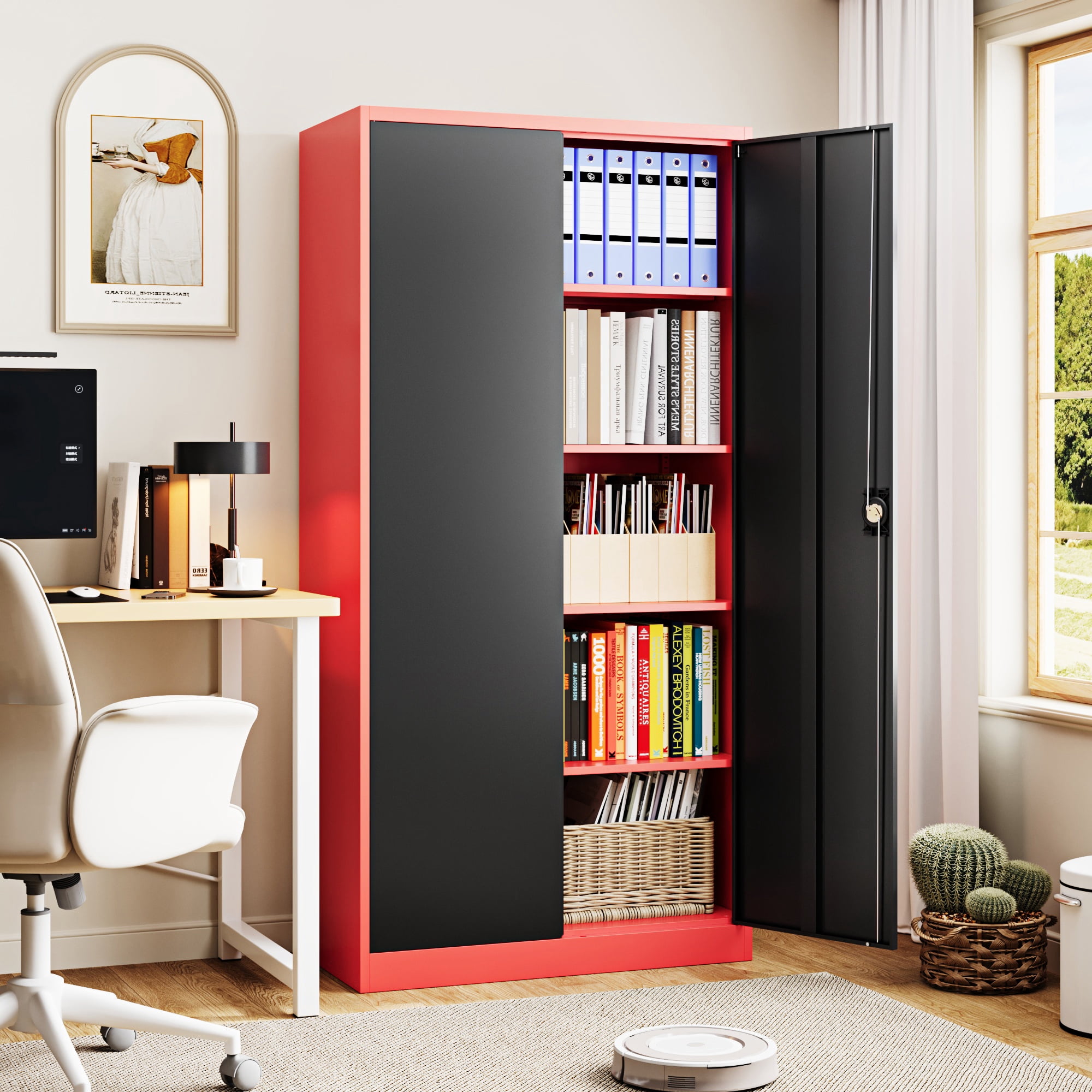 Fesbos Metal Storage Cabinet with Locking Doors, Red Black Garage Lockable Steel Cabinets with 2 Doors and 4 Shelves for Home, Garage, Pantry Workshop Warehouse