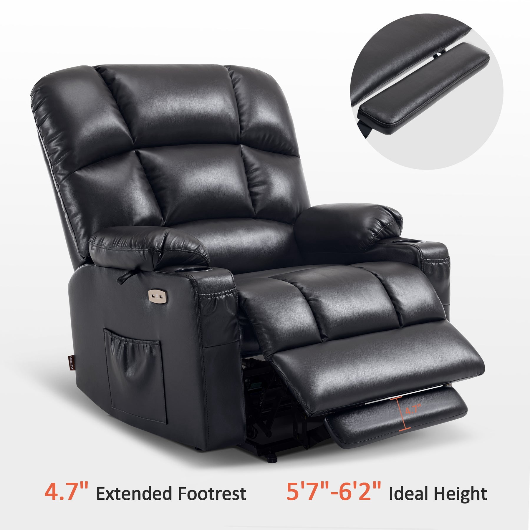 MCombo Large-Wide Lay Flat Dual Motor Power Lift Recliner Chair Sofa with Massage and Heat for Big Elderly People, Infinite Position, Faux Leather R7688 (Black, Large-Wide)