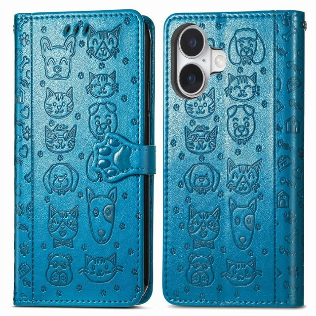 Funda Cartera FOXDOCK para iPhone 17 , Flip PU con Relieve de Gatos y Perros, Tarjetero y Soporte