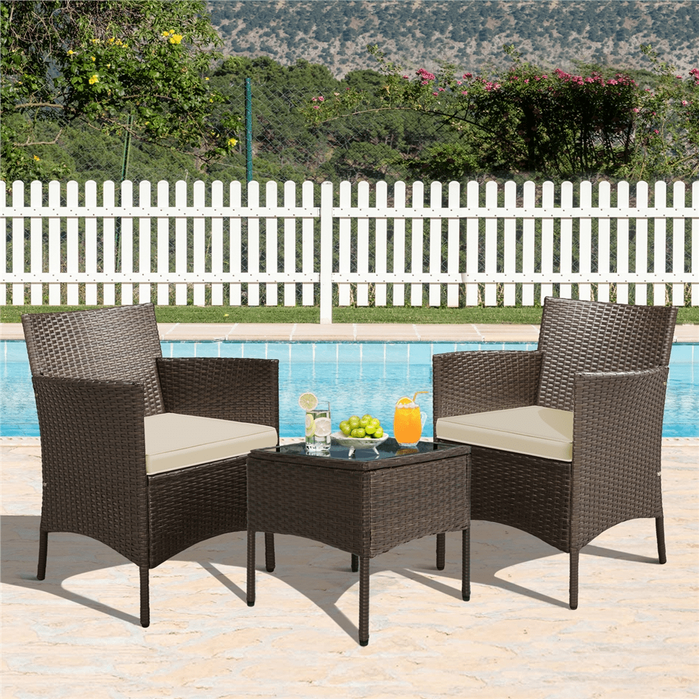 Alden Design 3-Piece Bistro Set with Rattan Chairs and Table for Outdoor Patio, Brown with Beige Cushions