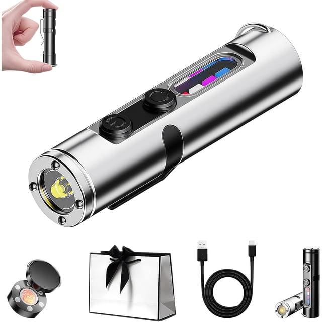 Pocket Rechargeable EDC Flashlight: 500 Lumens Mini Keychain Light with Fire Starter & Window Breaker, 5 Modes, Magnetic Base, Pocket Rechargeable EDC Flashlight for Camping and Travel (Silver)
