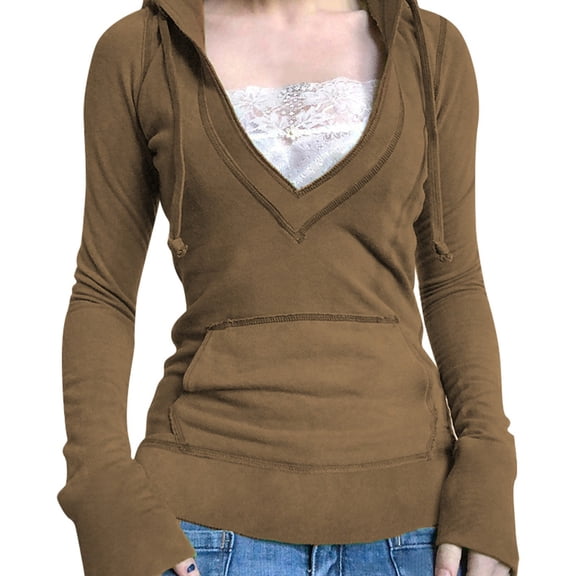 Women's Deep V Neck Hoodies Slim Fit Drawstring Casual Solid Loose Long Sleeve Pullover Tops Sweatshirt