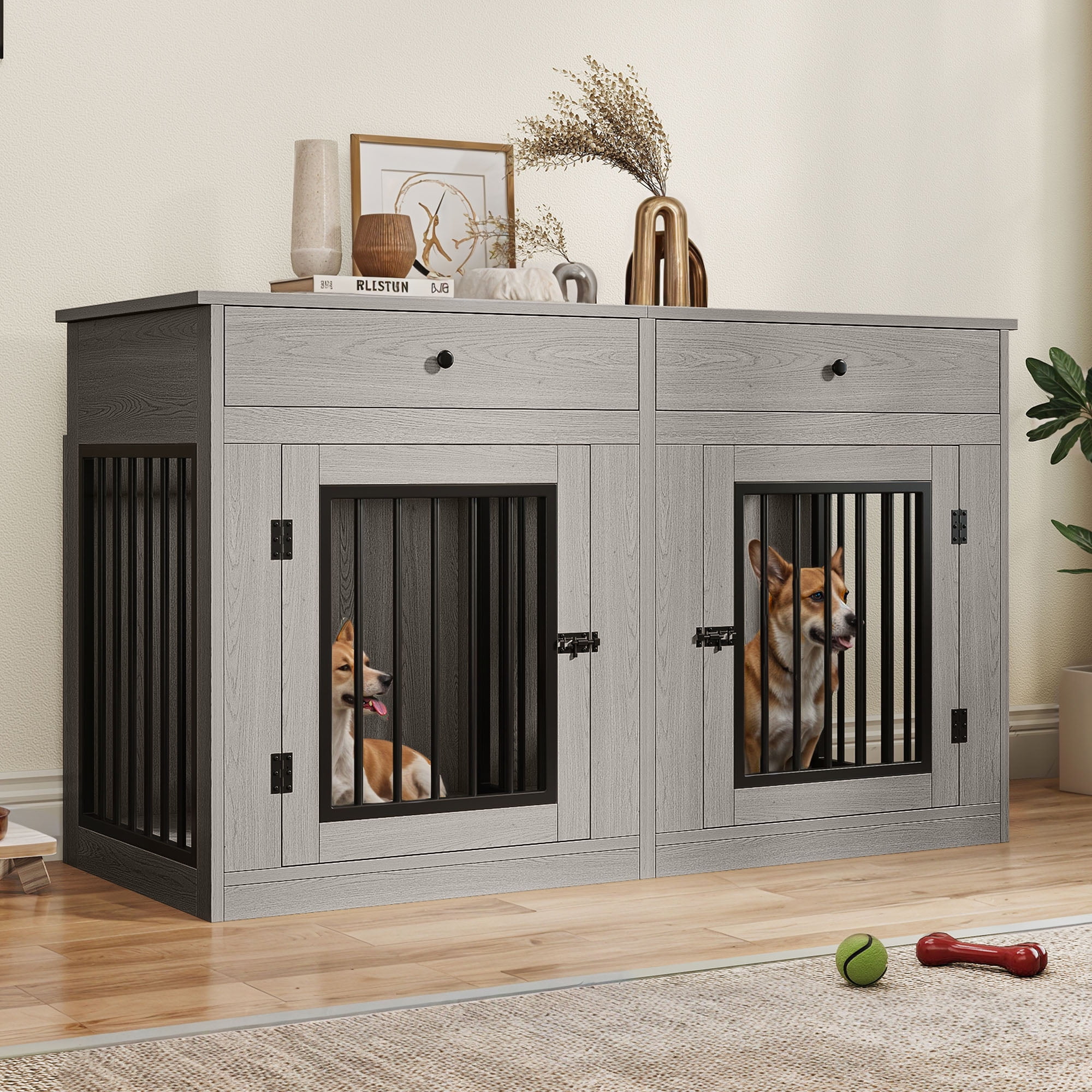 Dextrus 60" Large Double Door Dog Crate Furniture with Locks, Indoor Dog Cage Table with Removable Divider & 2 Storage Drawers, Gray