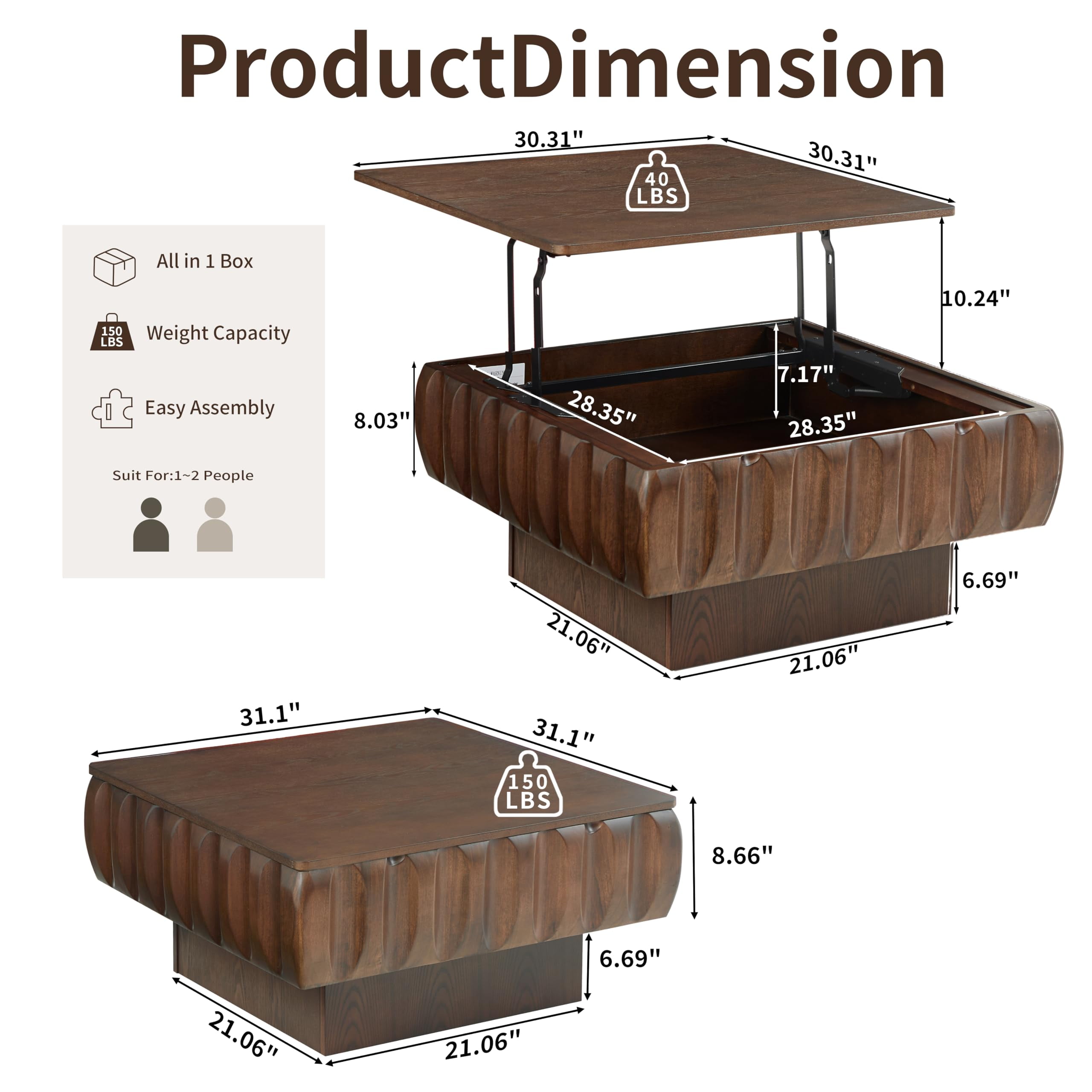 Lift Top Coffee Table with Hidden Storage, 31 inch Solid Wood Fluted Design for Small Space Living Room, Walnut