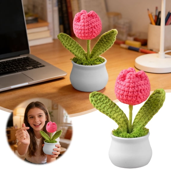 Crochet Potted Plants, Mini Knitted Decor for Home/Office/Gifts, Eco-Friendly Desk Decor, Rose - Red Tulip Home Decor