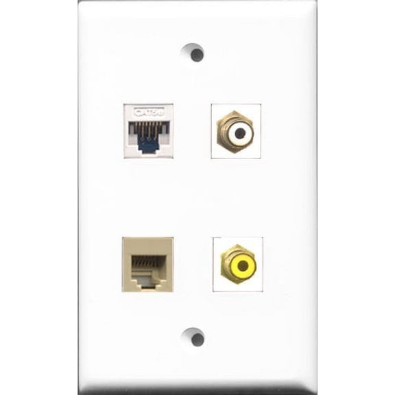 RiteAV 1 Port RCA White and 1 Port RCA Yellow and 1 Port Phone RJ11 RJ12 Beige and 1 Port Cat5e Ethernet White Wall Plate