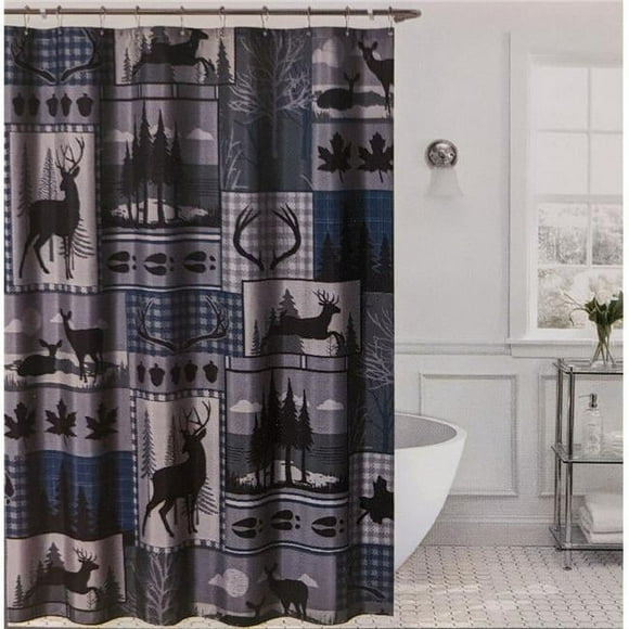 De Leon Collections 62212 Deer Run Patchwork Buck Antler Woodland Forest Nature Themed Decorative 72 in. Shower Curtain, Multi Color
