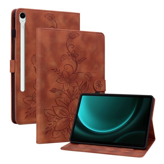 XYX for Samsung Galaxy Tab S10/Tab S9 FE/Tab S9 Case, PU Leather Slim Folio with Multi-Angle Stand - Brown Lily Flower