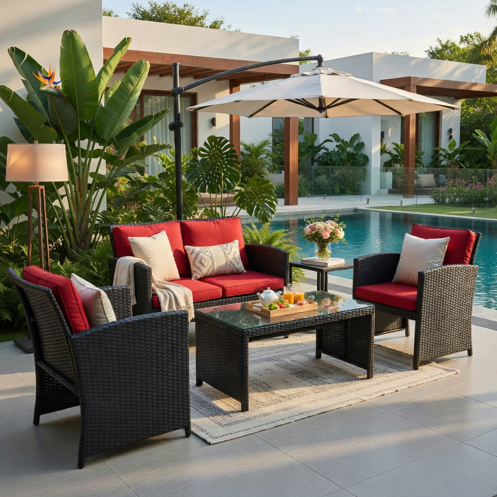 Hommoo 4-Piece PE Rattan Patio Furniture Set with Weatherproof Cushions, Tempered Glass Coffee Table, Loveseat & 2 Single Sofas for Backyard, Balcony, Poolside, Red