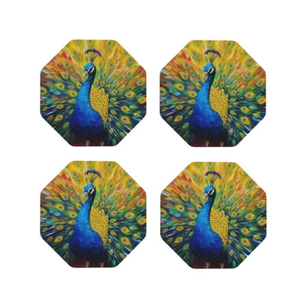 

Junzan Peacocks Print Coasters for Drinks - Leather Coasters Set of 4 for Coffee Table for Housewarming/Kitchen/Bar/Decor-Octagon