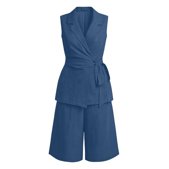 LEKODE Short Sets Women 2 Piece Outfits Linen Wrap Tie Waist Button Down V Neck Sleeveless Vest High Waist Drawstring Matching Sets with Pockets Shorts Sky Blue M